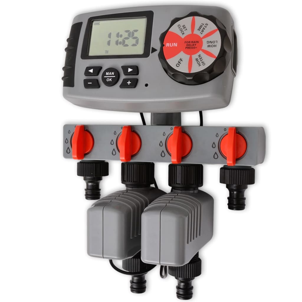 vidaXL automatisk vandingstimer med 4 stationer og regnsensor 3 V
