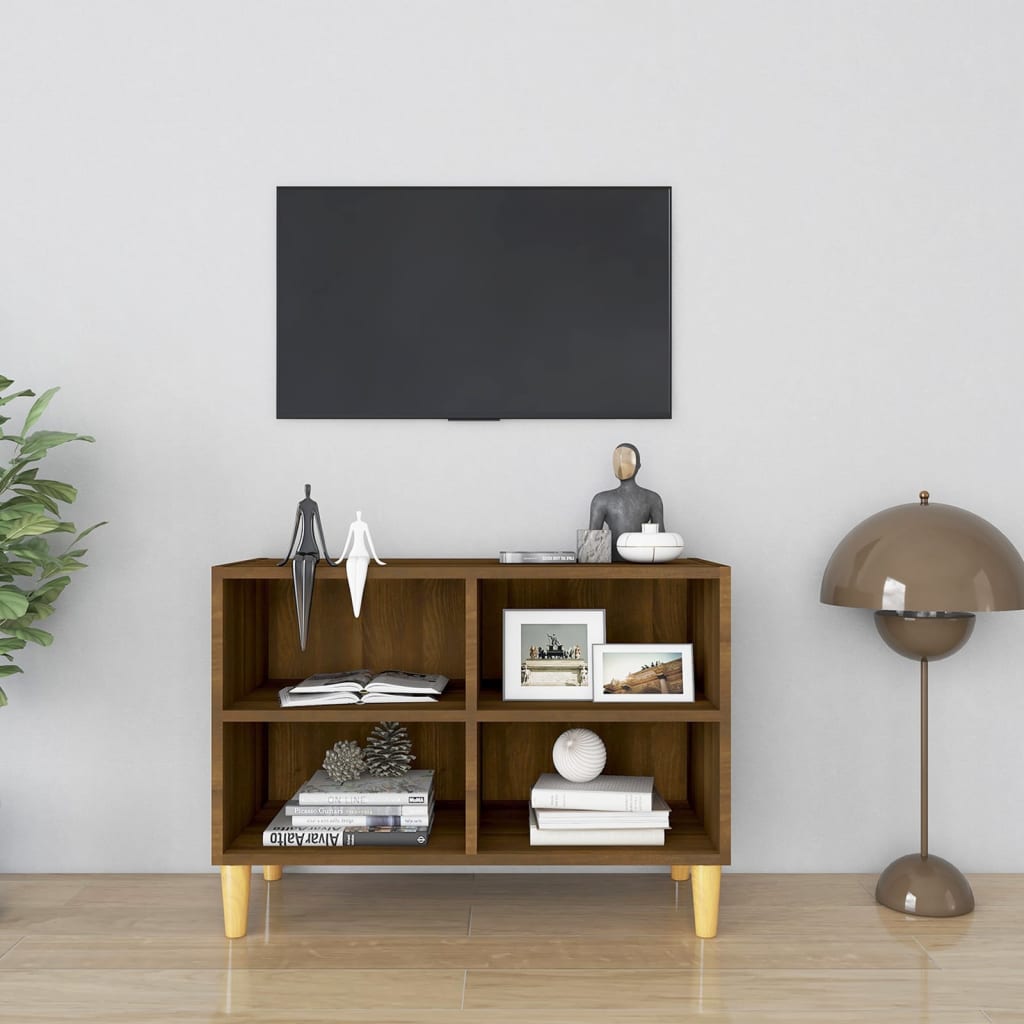 vidaXL tv-bord med massive træben 69,5x30x50 cm brun eg