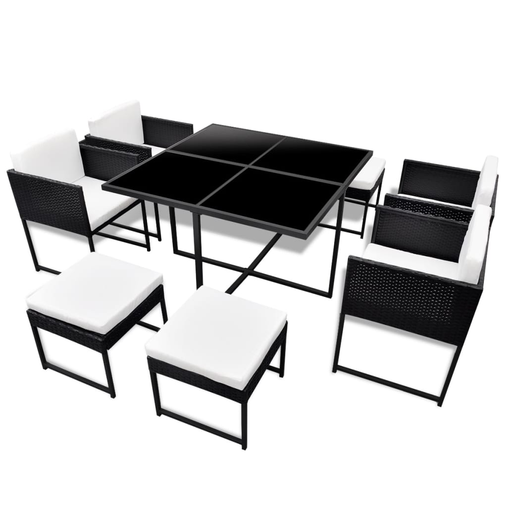 vidaXL udendørs spisebordssæt 9 dele med hynder polyrattan sort