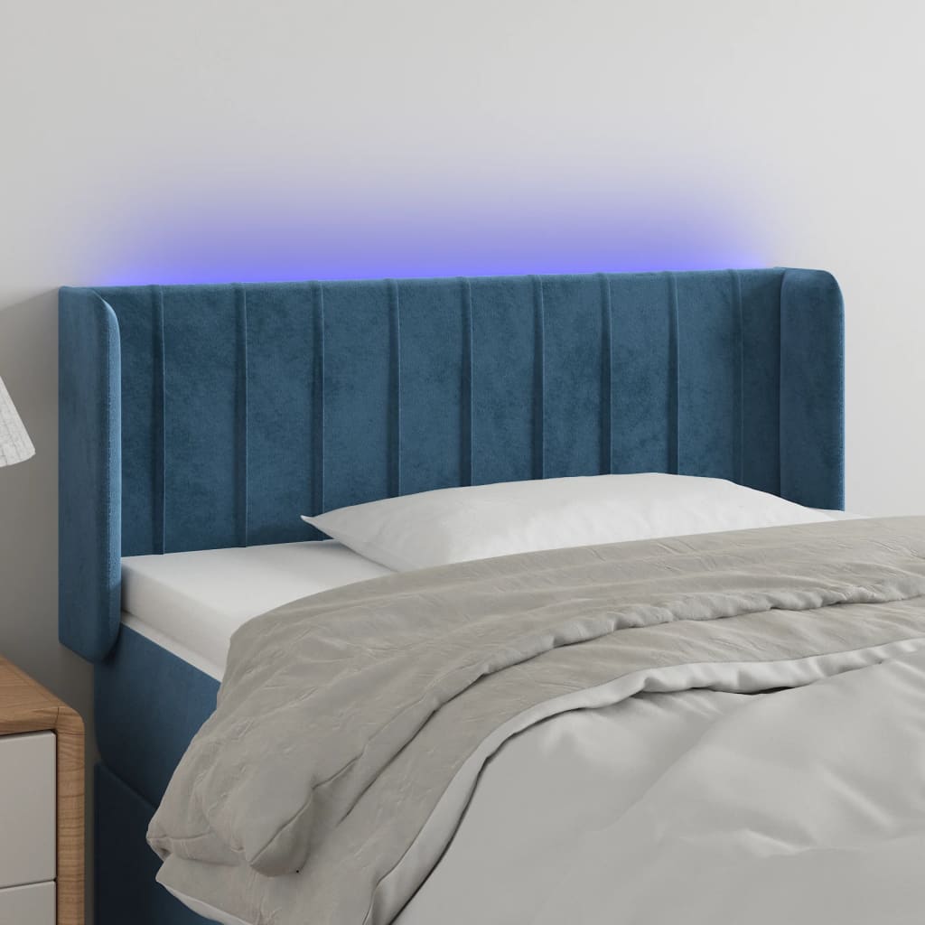 vidaXL sengegavl med LED-lys 103x16x78/88 cm fløjl mørkeblå