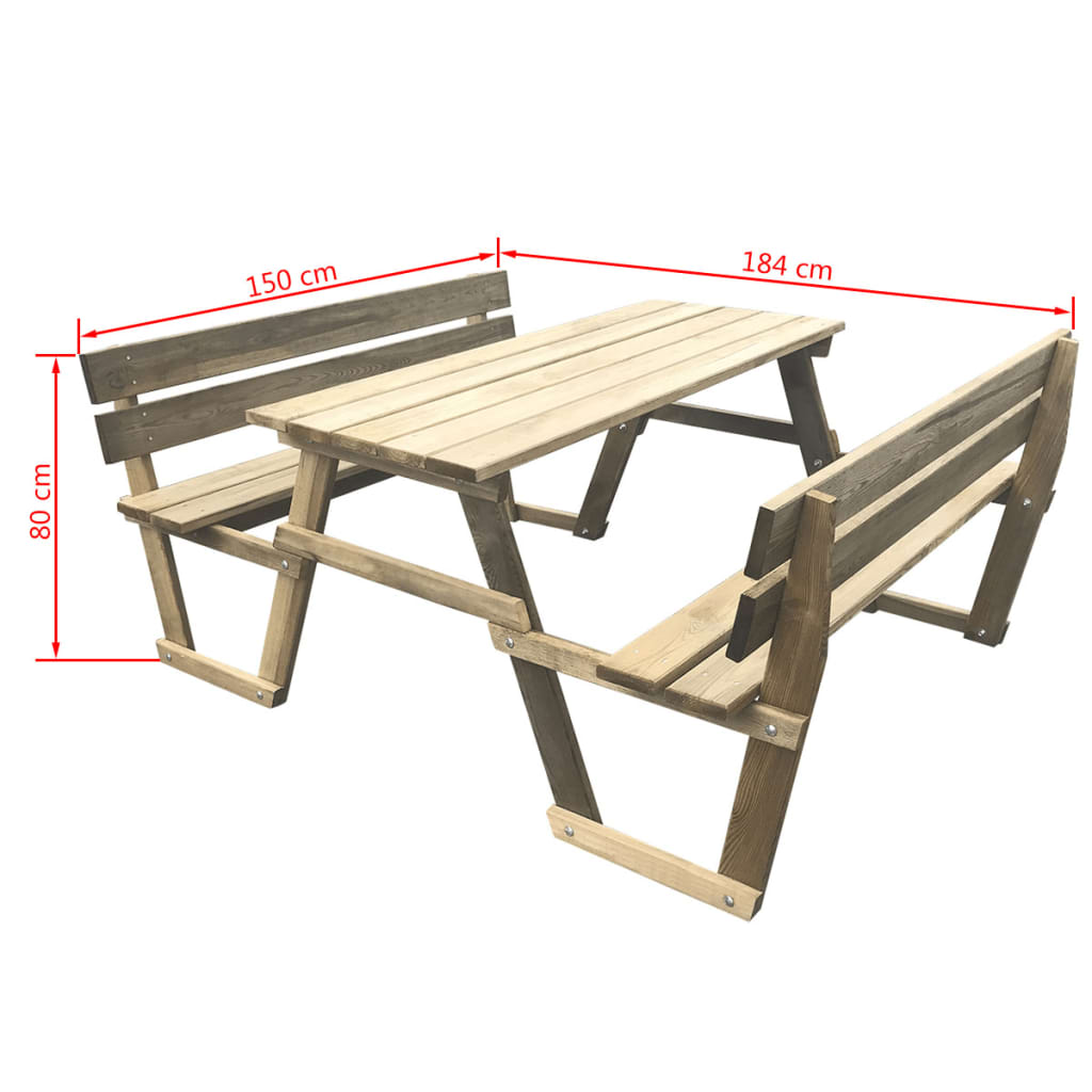 vidaXL picnicbord med bænke 150 x 184 x 80 cm imprægneret fyrretræ