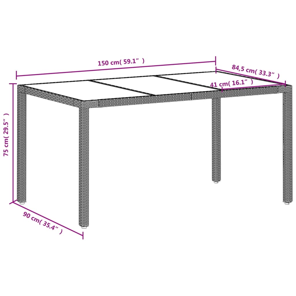 vidaXL havebord med glastop 150x90x75 cm polyrattan lysegrå