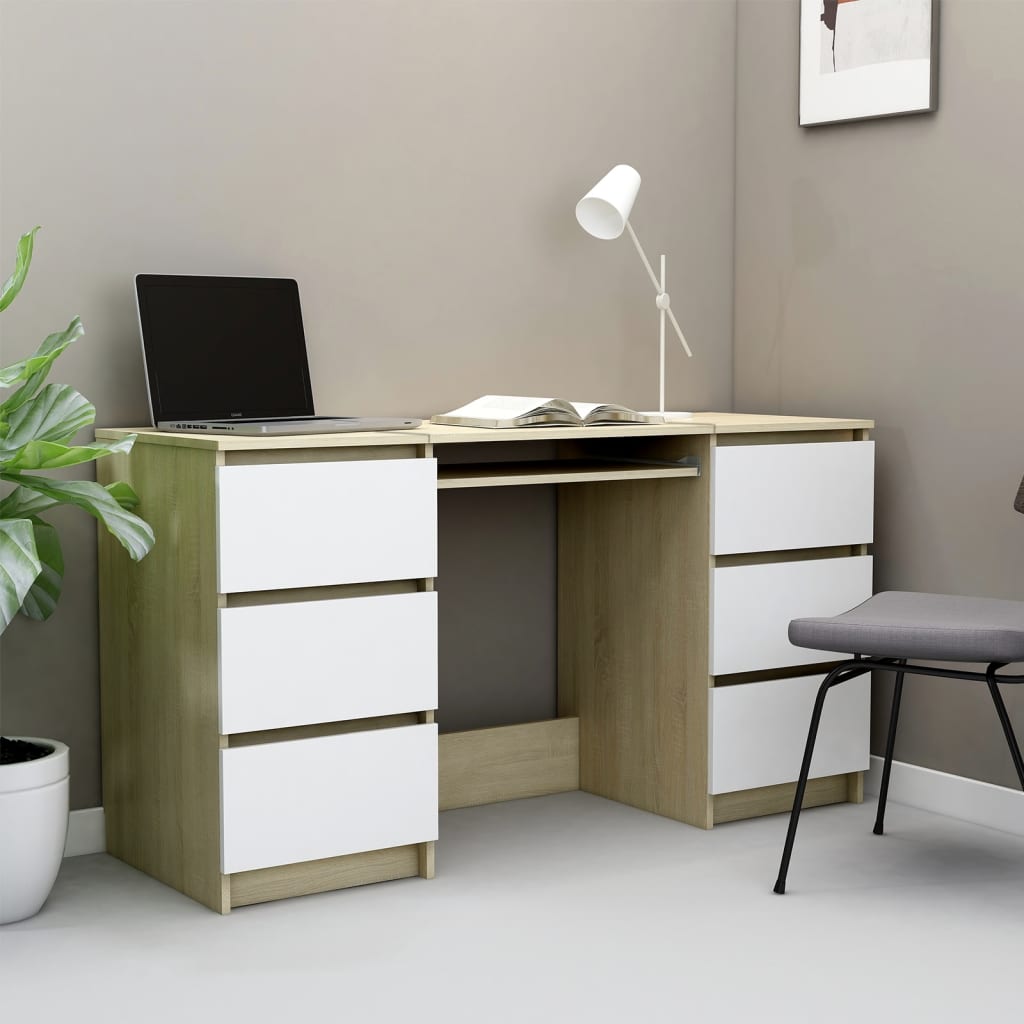 vidaXL skrivebord 140x50x77 cm konstrueret træ hvid og sonoma-eg