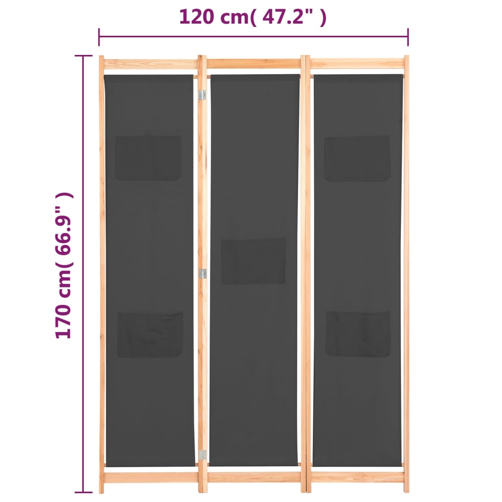 vidaXL 3-panels rumdeler 120 x 170 x 4 cm stof grå