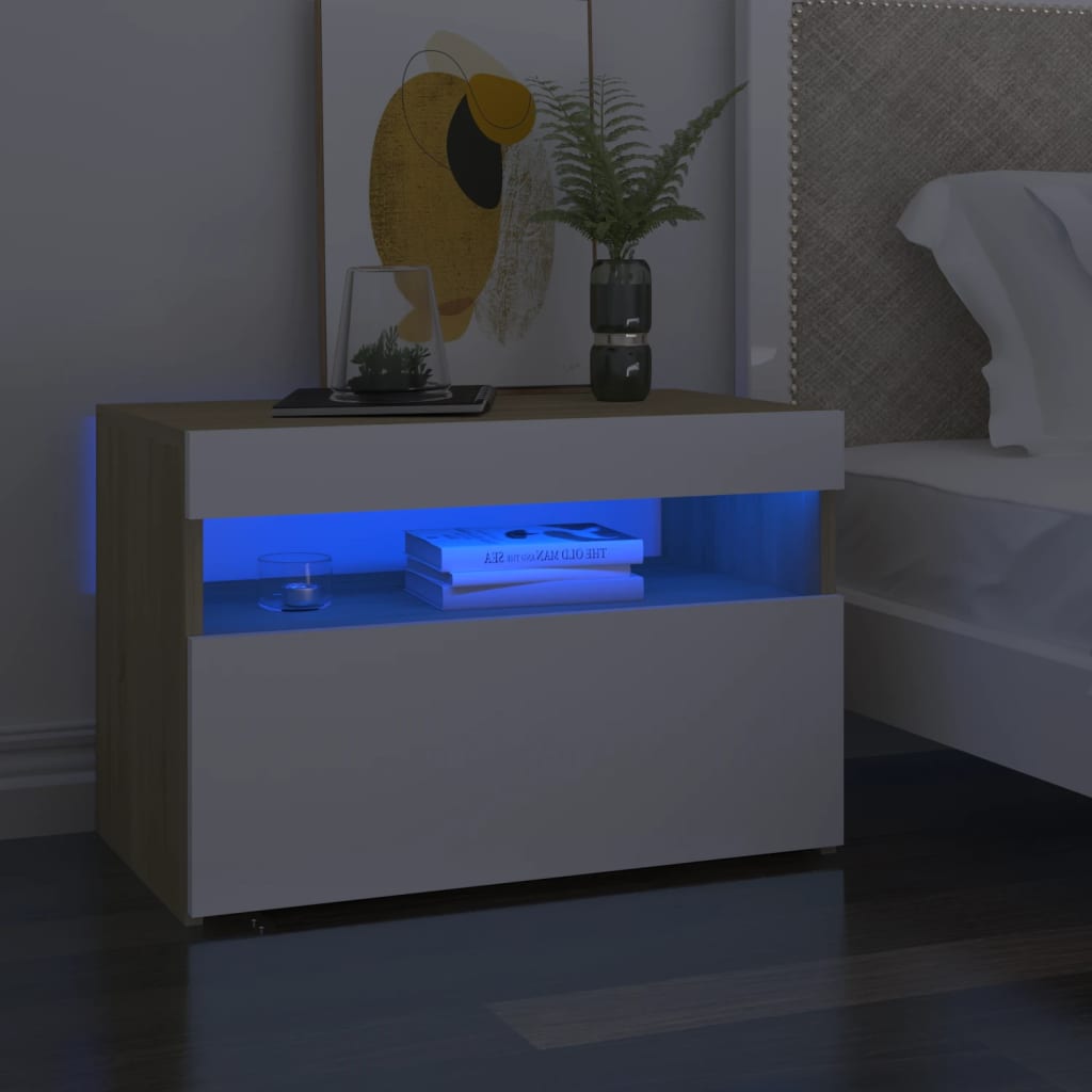 vidaXL sengebord med LED-lys 2 stk. 60x35x40 cm hvid og sonoma-eg