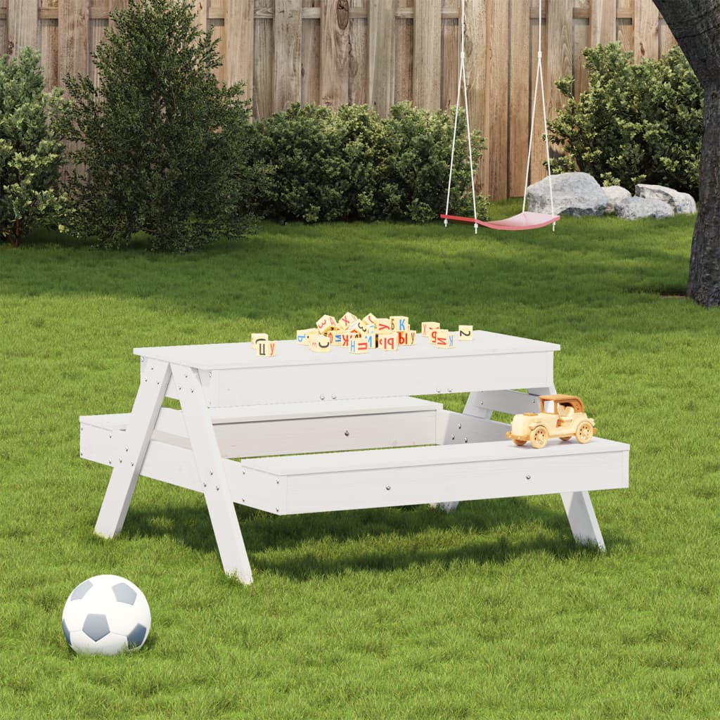 vidaXL picnicbord med sandkasse til børn massivt fyrretræ hvid