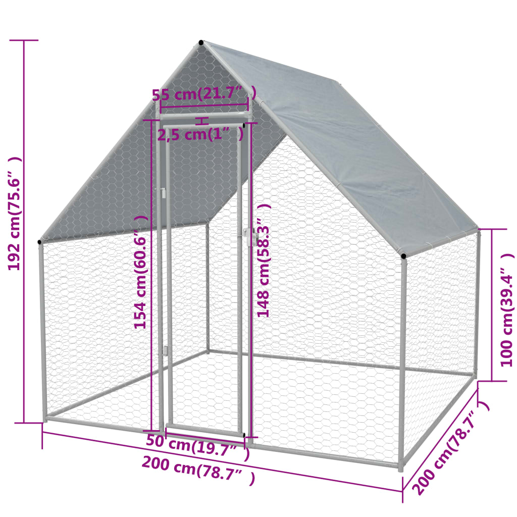 vidaXL udendørs hønsebur galvaniseret stål 2 x 2 x 1,92 m