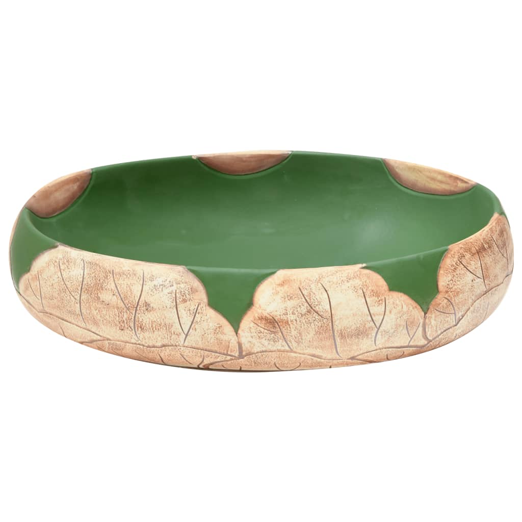 vidaXL håndvask til bordplade 59x40x15 cm oval keramik grøn og brun