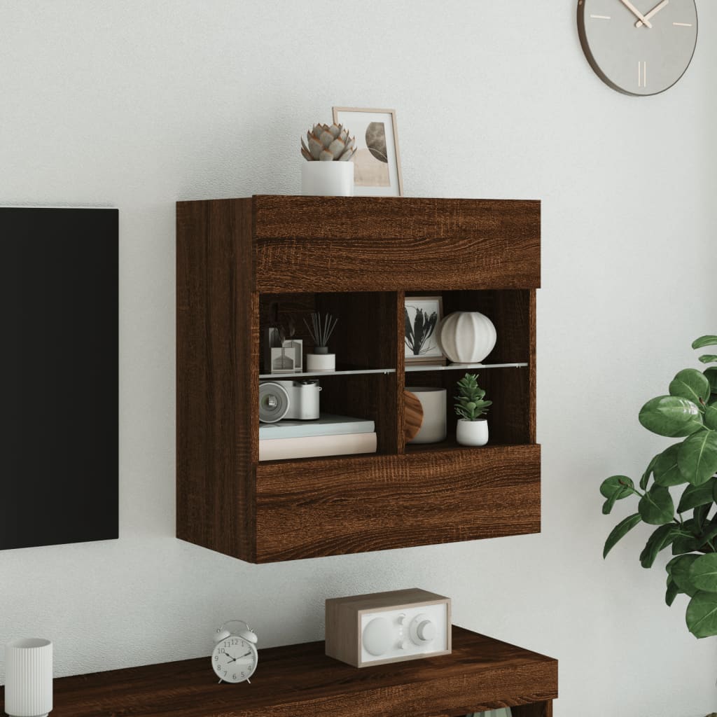 vidaXL væghængt tv-bord med LED-lys 58,5x30x60,5 cm brun egetræsfarve