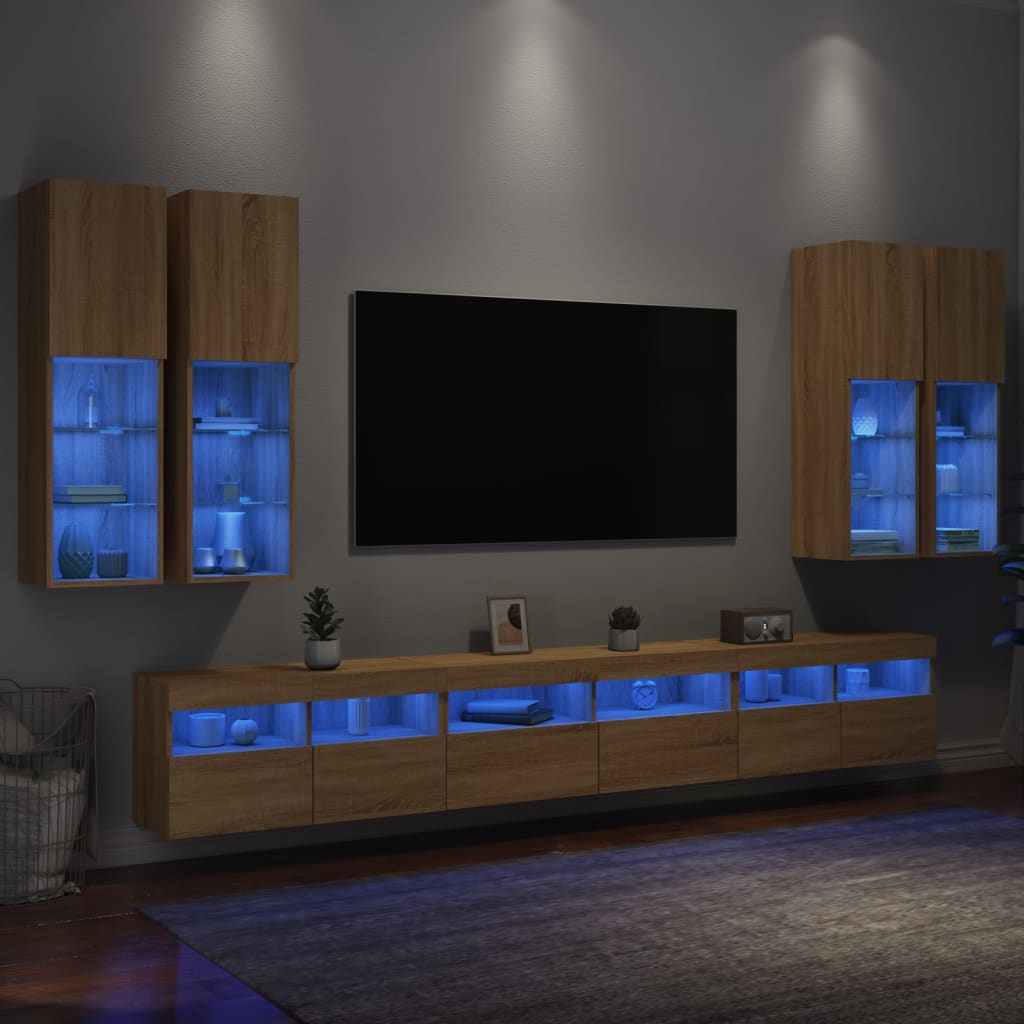 vidaXL væghængt tv-møbel 7 dele med LED-lys sonoma-eg