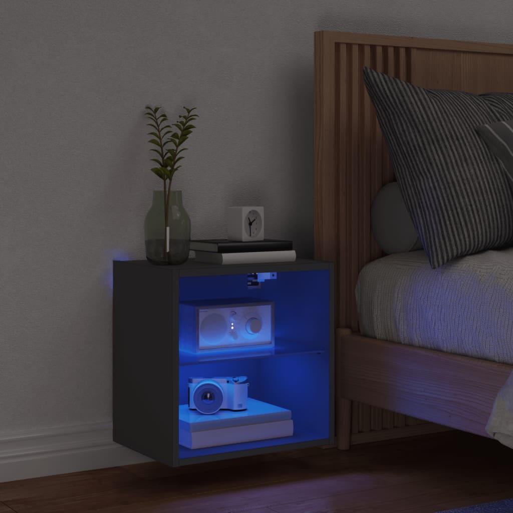 vidaXL sengebord med LED-lys væghængt sort
