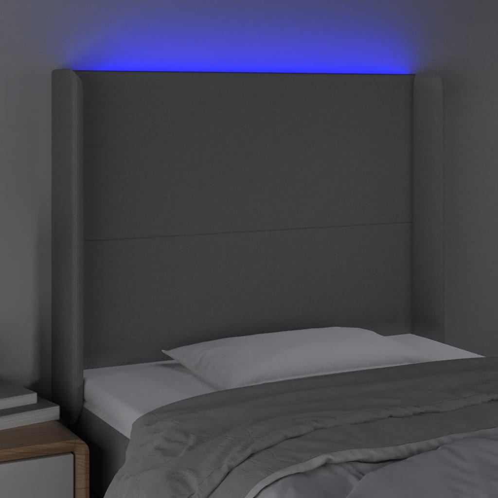 vidaXL sengegavl med LED-lys 103x16x118/128 cm stof lysegrå