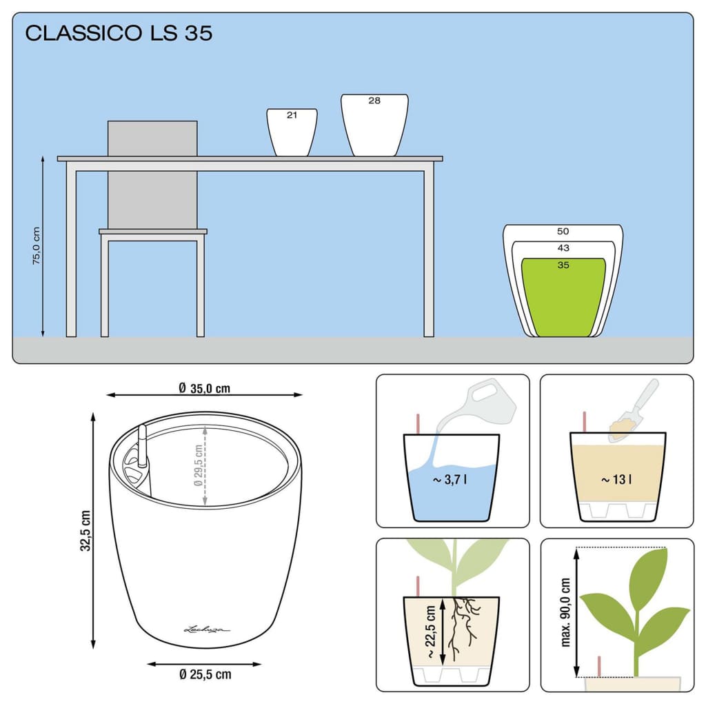 LECHUZA plantekrukke CLASSICO LS 35 ALL-IN-ONE metallisk sort 16063
