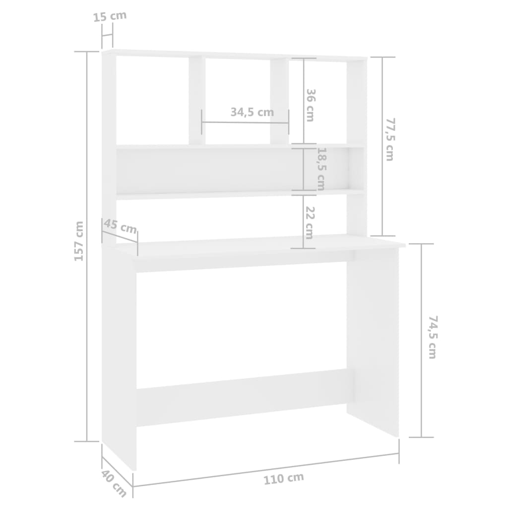 vidaXL skrivebord m. hylder 110x45x157cm konstrueret træ hvid højglans