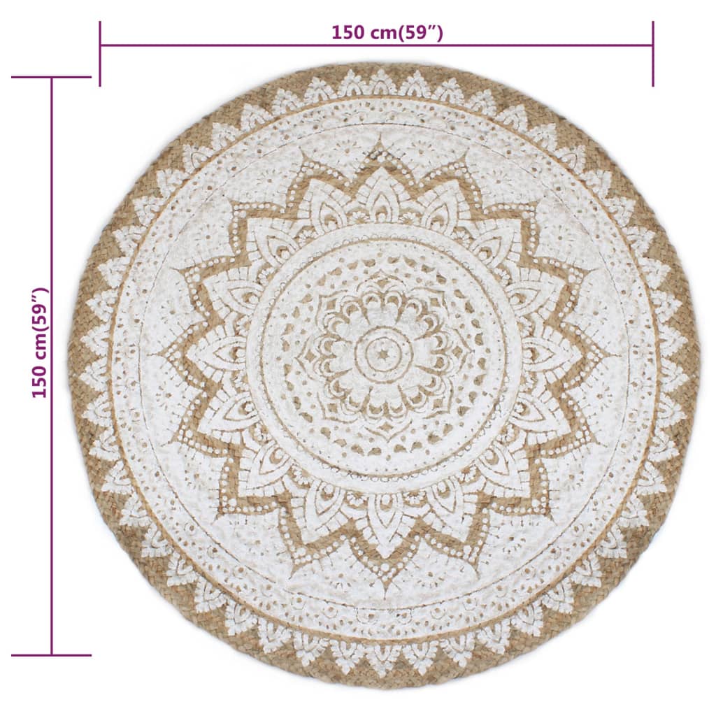 vidaXL gulvtæppe flettet jute med print 150 cm rund