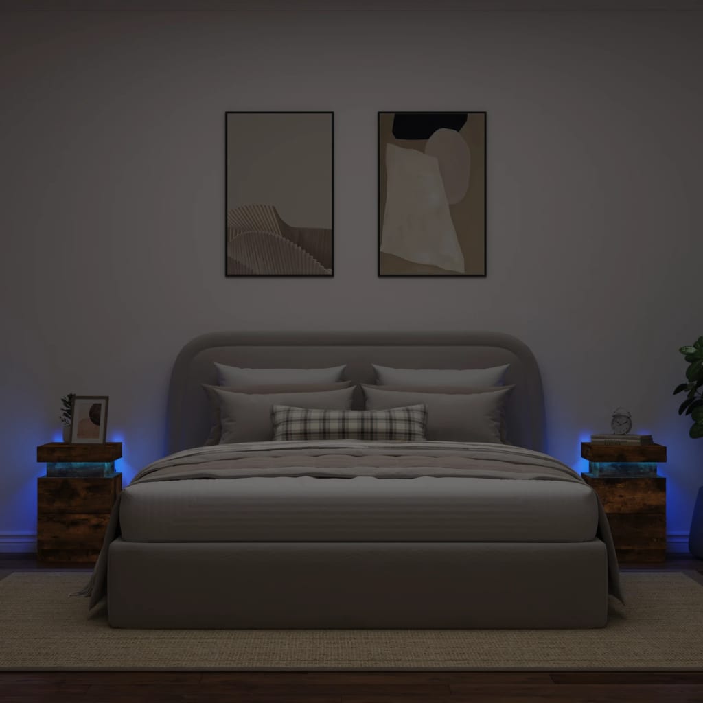 vidaXL sengeborde 2 stk. med LED-lys 35x39x55 cm røget egetræsfarve