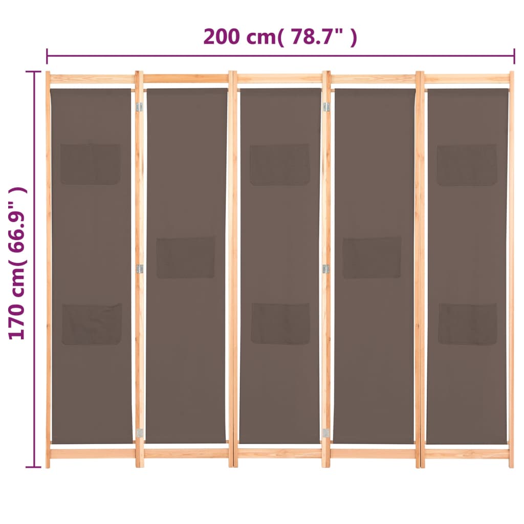 vidaXL 5-panels rumdeler 200 x 170 x 4 cm stof brun