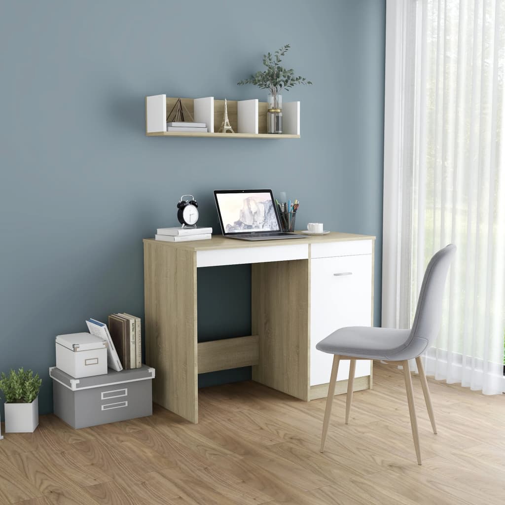 vidaXL skrivebord 100x50x76 cm konstrueret træ hvid og sonoma-eg