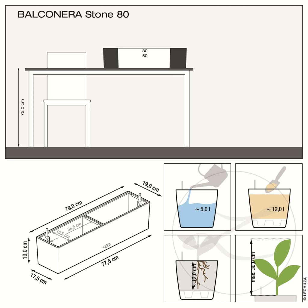 LECHUZA plantekrukke BALCONERA Stone 80 ALL-IN-ONE grå
