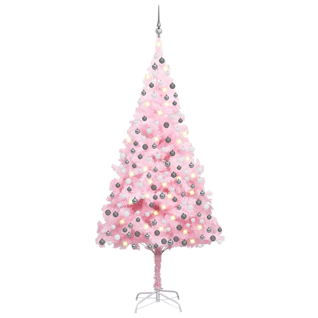 vidaXL kunstigt juletræ med lys og kuglesæt 240 cm PVC lyserød