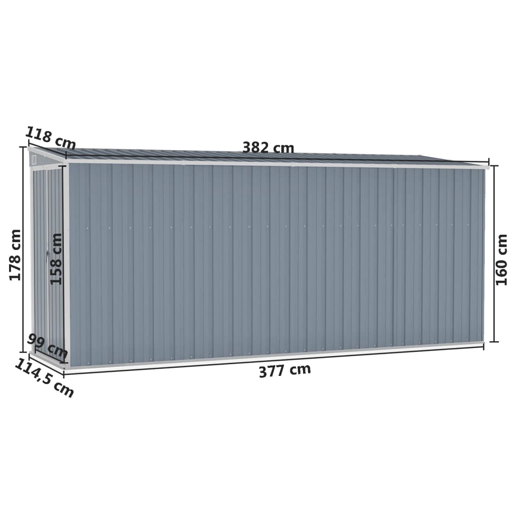 vidaXL vægmonteret haveskur 118x382x178 cm galvaniseret stål grå