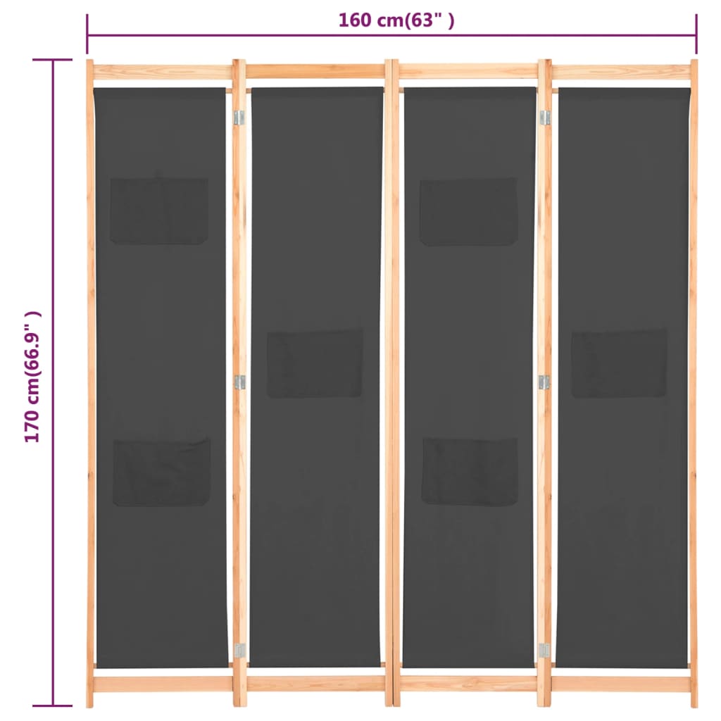vidaXL 4-panels rumdeler 160 x 170 x 4 cm stof grå