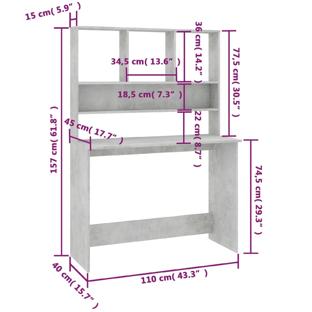 vidaXL skrivebord m. hylder 110x45x157 cm konstrueret træ betongrå