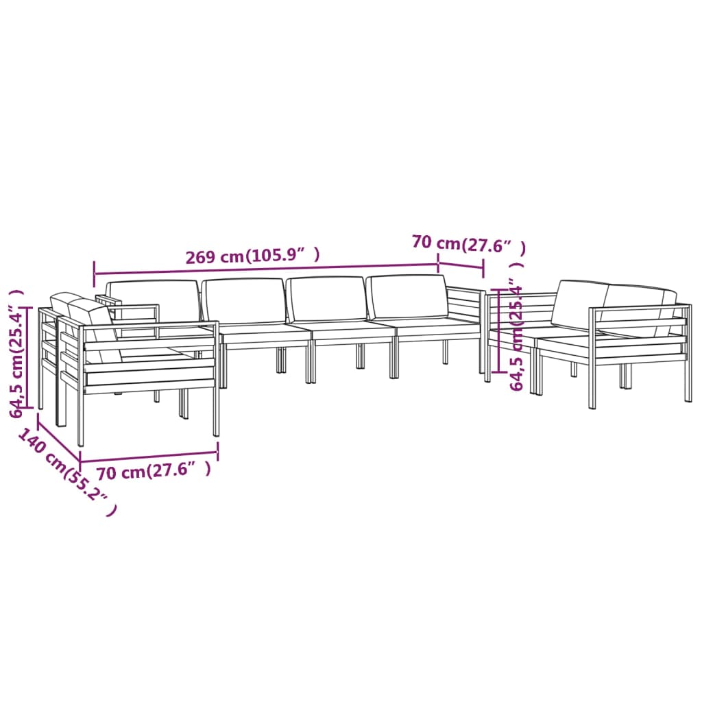 vidaXL loungesæt til haven 8 dele med hynder aluminium antracitgrå