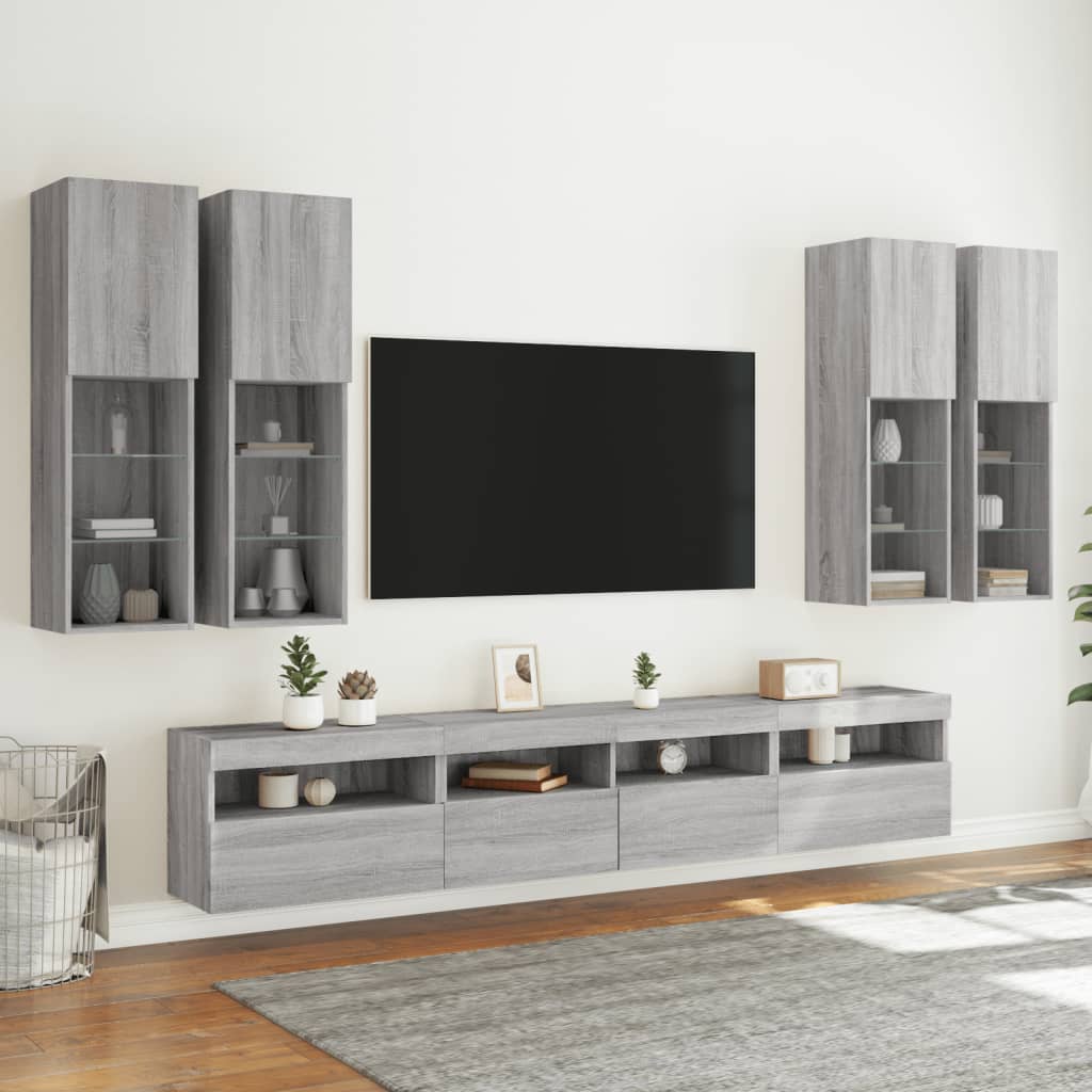 vidaXL væghængt tv-møbel 7 dele med LED-lys grå sonoma-eg