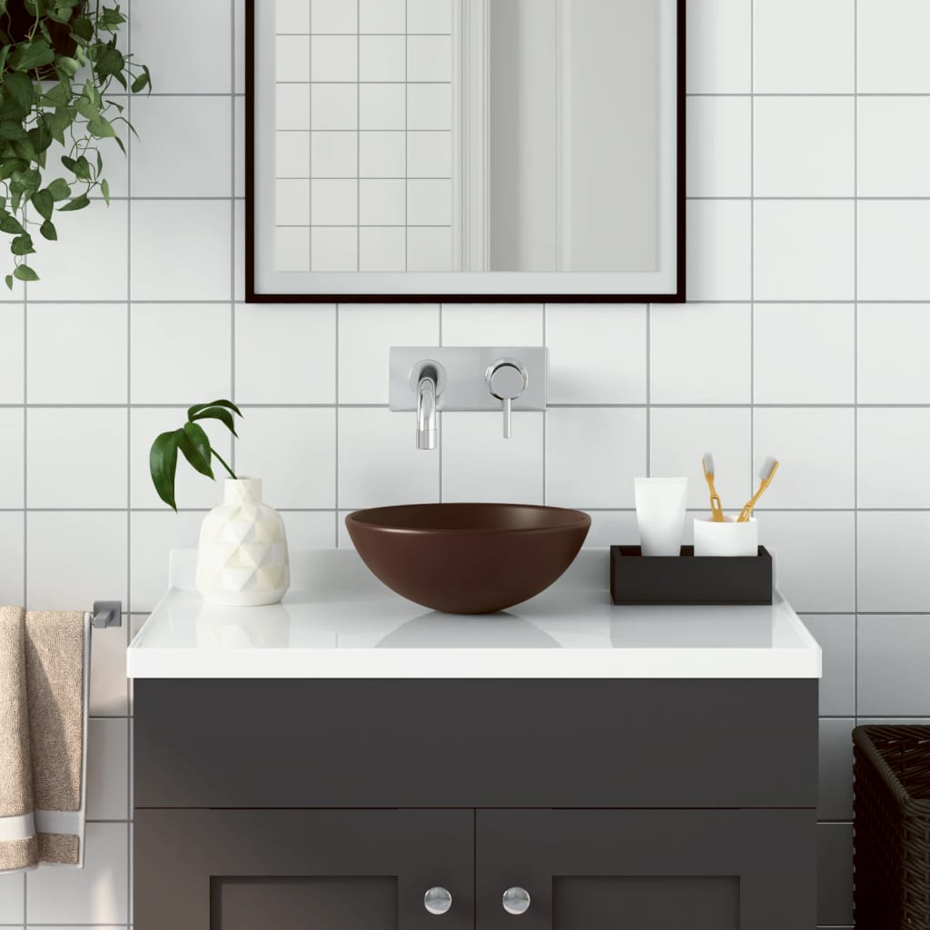 vidaXL keramisk håndvask til badeværelse rund mørkebrun