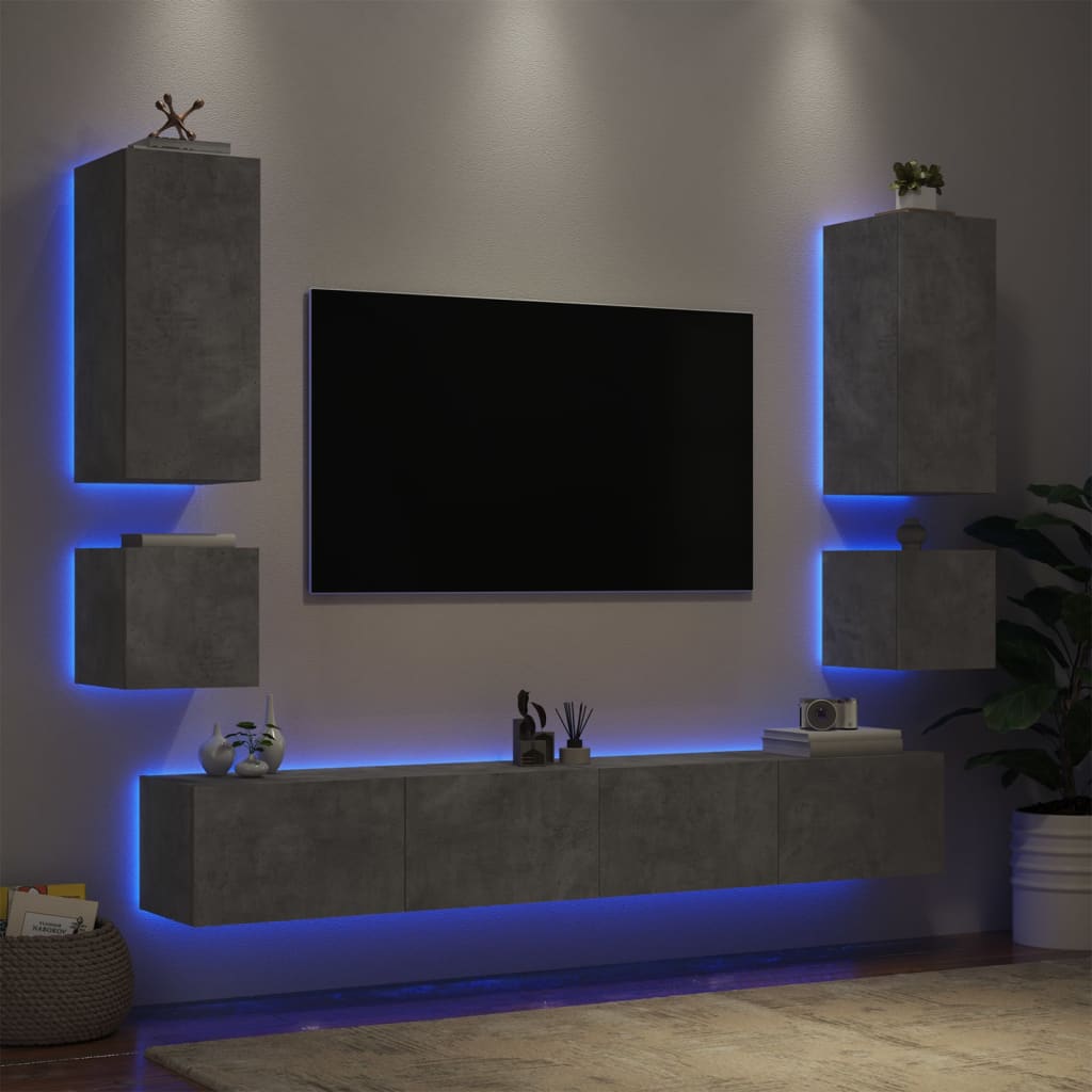 vidaXL tv-møbel til væg 6 dele med LED-lys betongrå