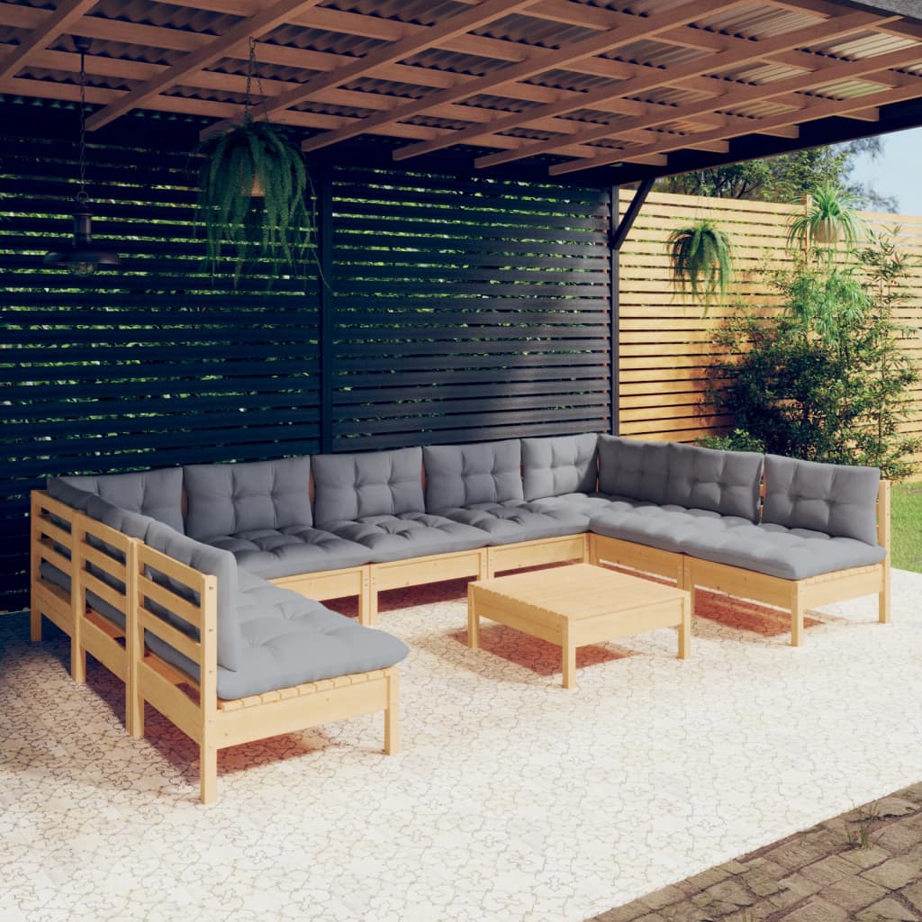 vidaXL loungesæt til haven 10 dele med grå hynder massivt fyrretræ