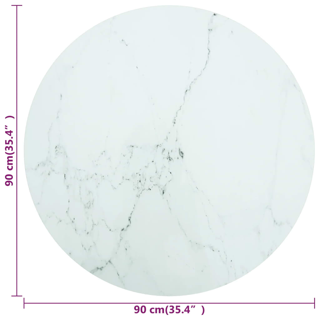 vidaXL bordplade Ø90x1 cm hærdet glas med marmordesign hvid