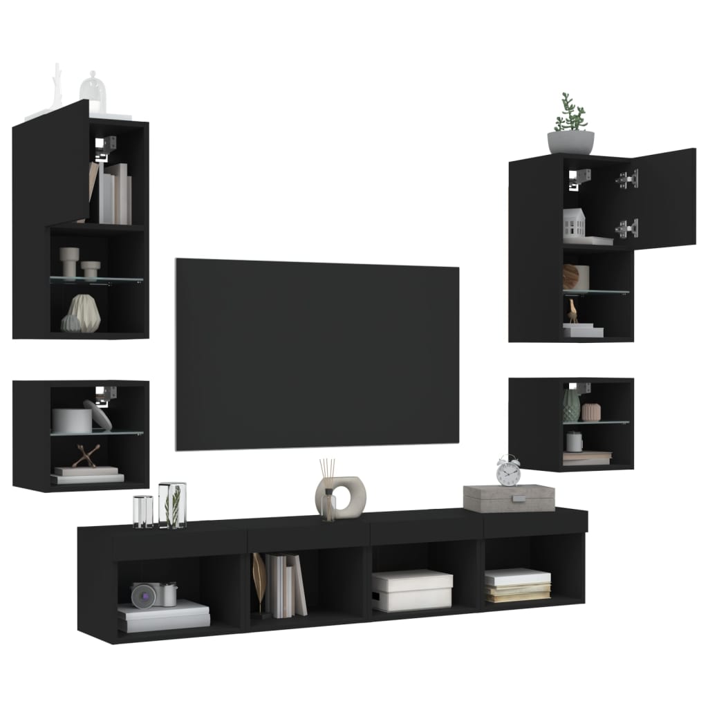 vidaXL tv-møbel til væg 8 dele med LED-lys konstrueret træ sort