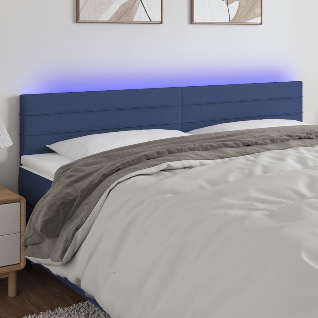 vidaXL sengegavl med LED-lys 160x5x78/88 cm stof blå