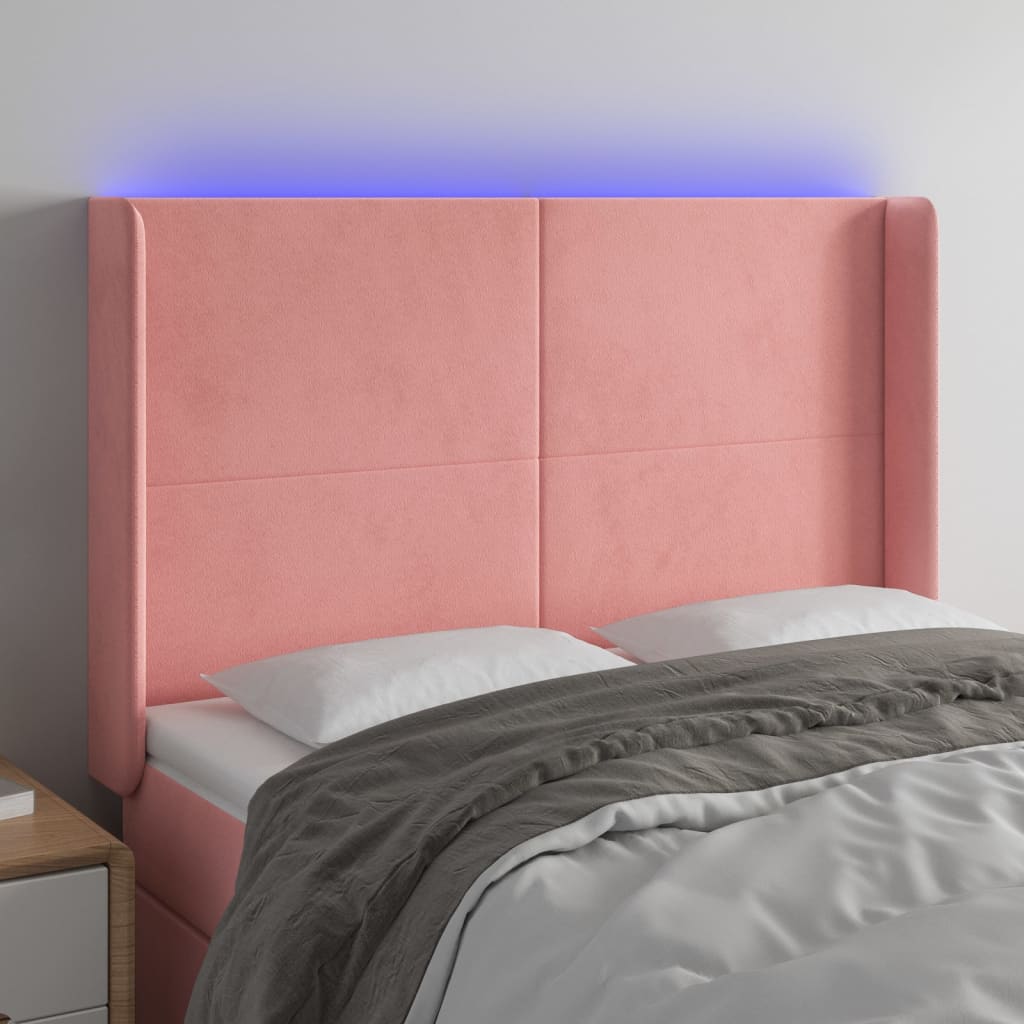 vidaXL sengegavl med LED-lys 147x16x118/128 cm fløjl lyserød