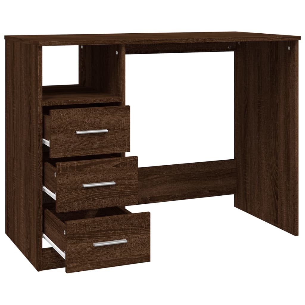 vidaXL skrivebord m. skuffer 102x50x76 cm konstrueret træ brun egetræ