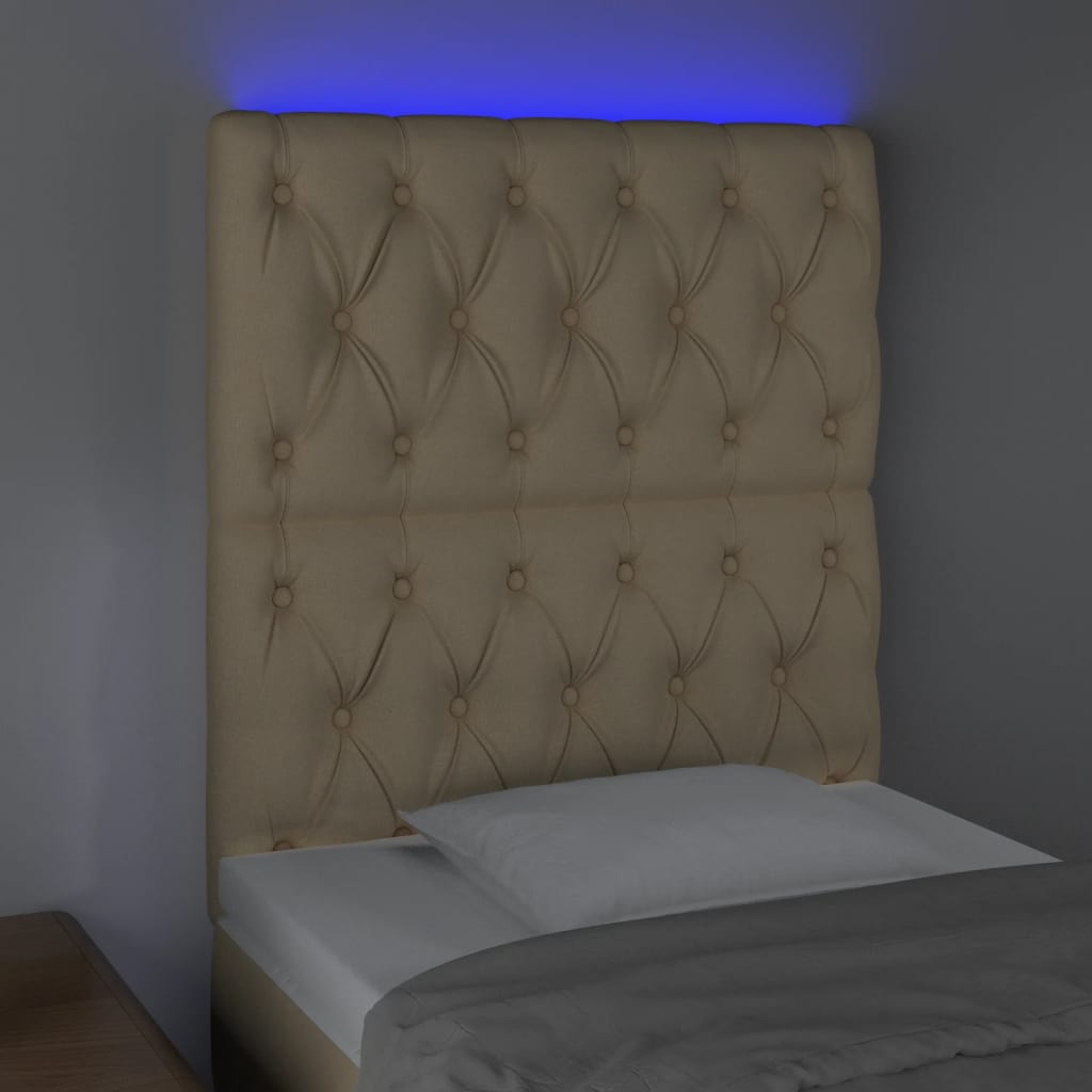 vidaXL sengegavl med LED-lys 80x7x118/128 cm stof cremefarvet