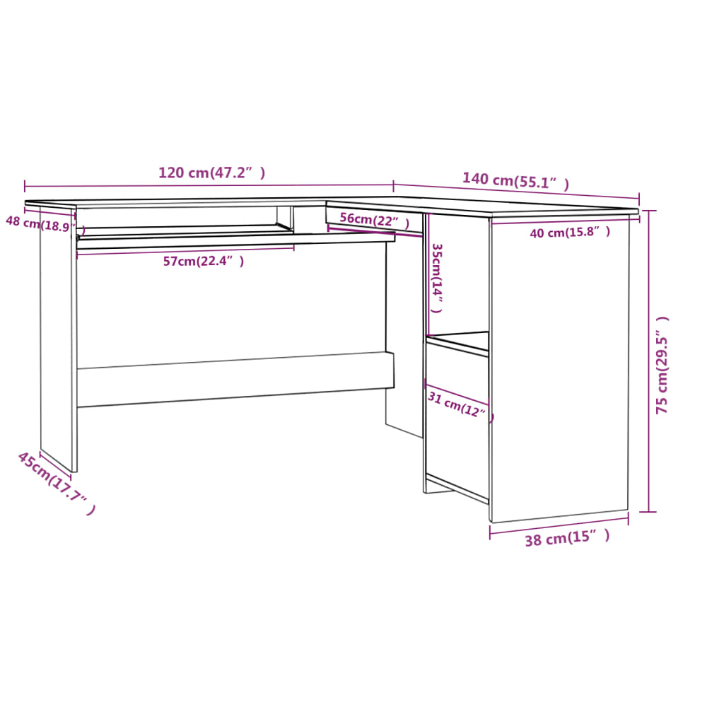 vidaXL L-formet skrivebord 120x140x75 cm konstrueret træ sort