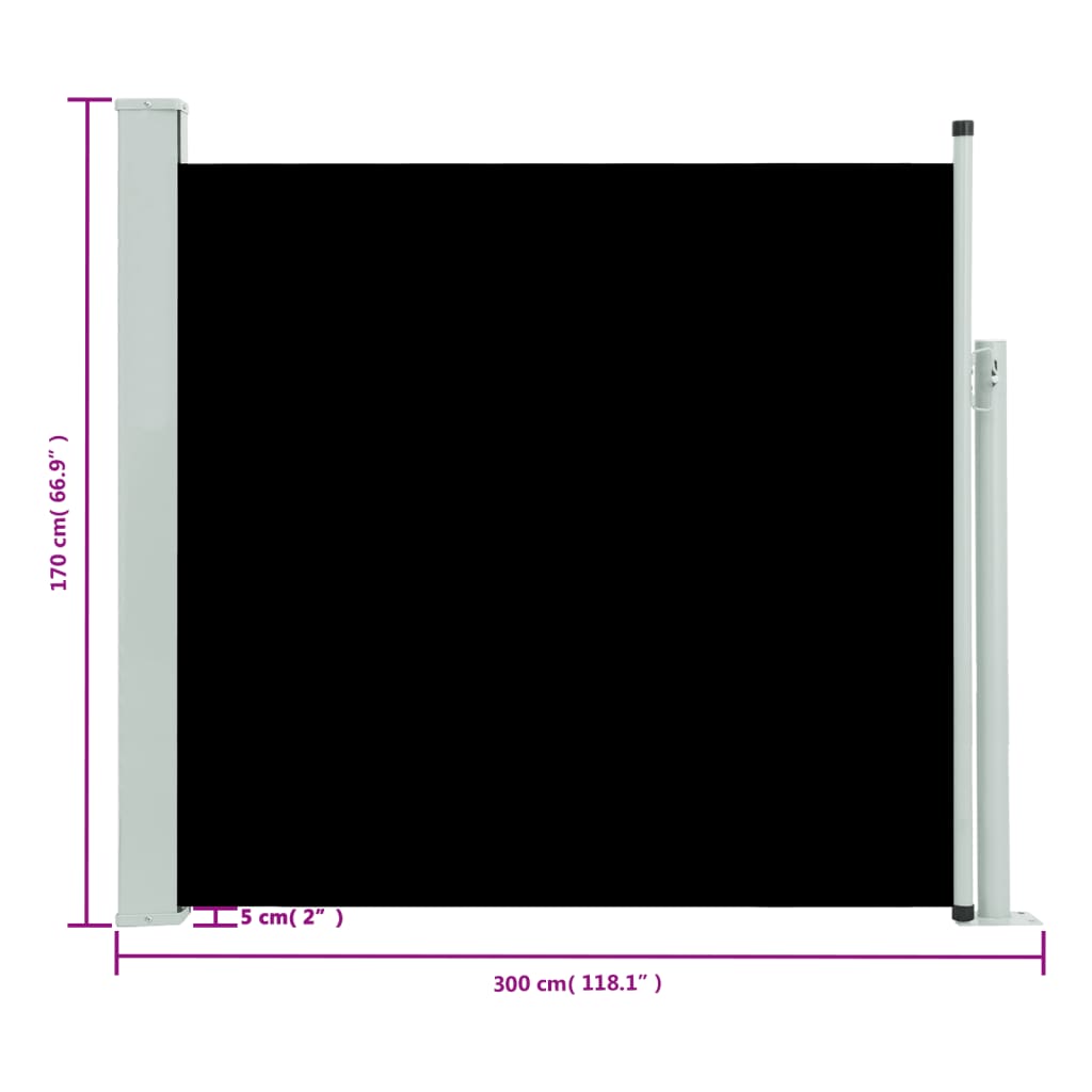 vidaXL sammenrullelig sidemarkise til terrassen 170 x 300 cm sort