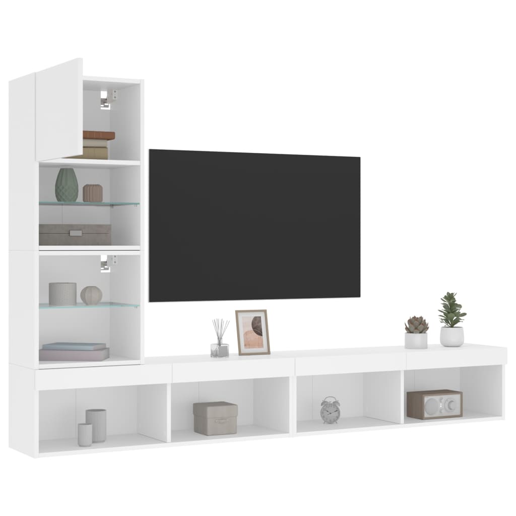 vidaXL tv-møbel til væg 4 dele med LED-lys konstrueret træ hvid