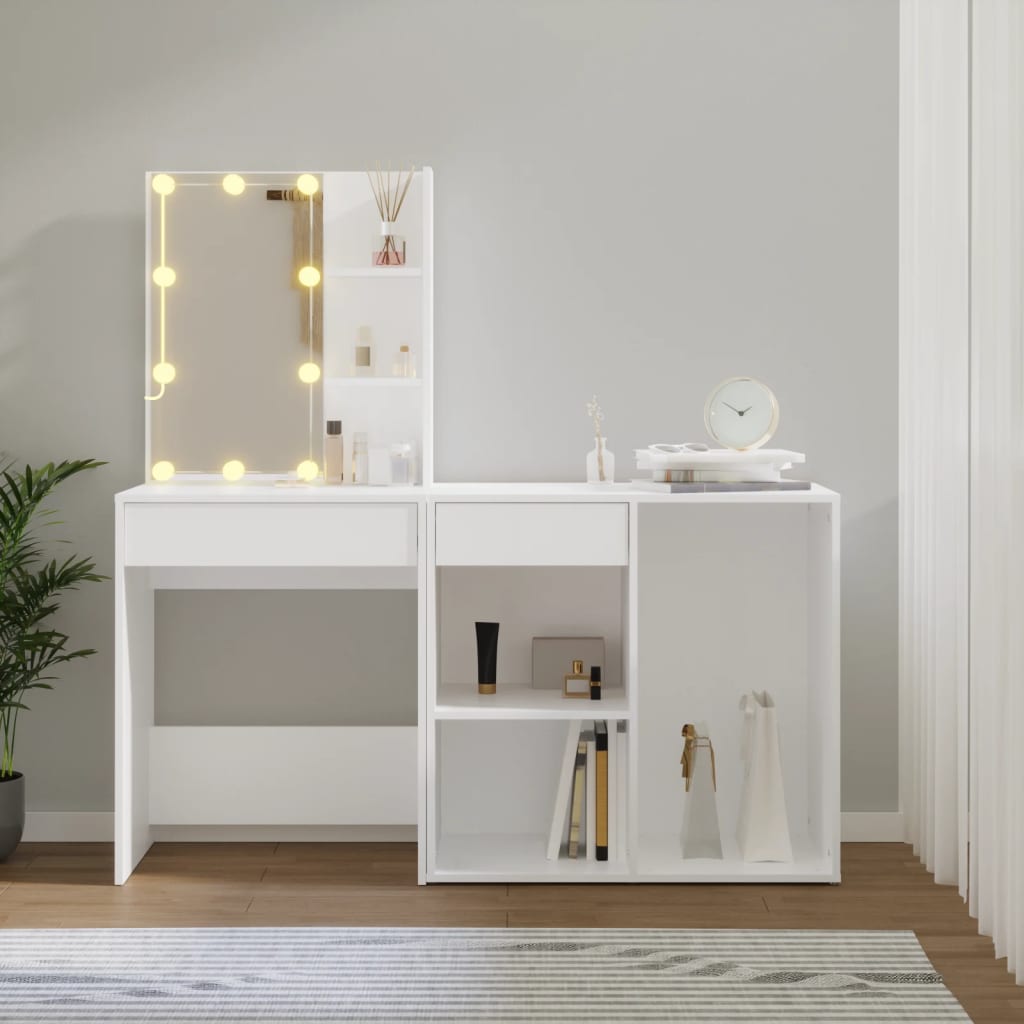 vidaXL makeupbord med LED-lys og skab konstrueret træ hvid