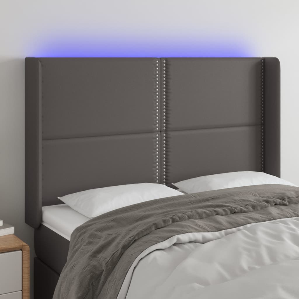 vidaXL sengegavl med LED-lys 147x16x118/128 cm kunstlæder grå