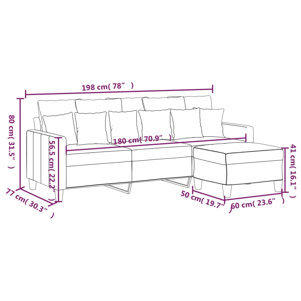 vidaXL 3-personers sofa med fodskammel 180 cm sort