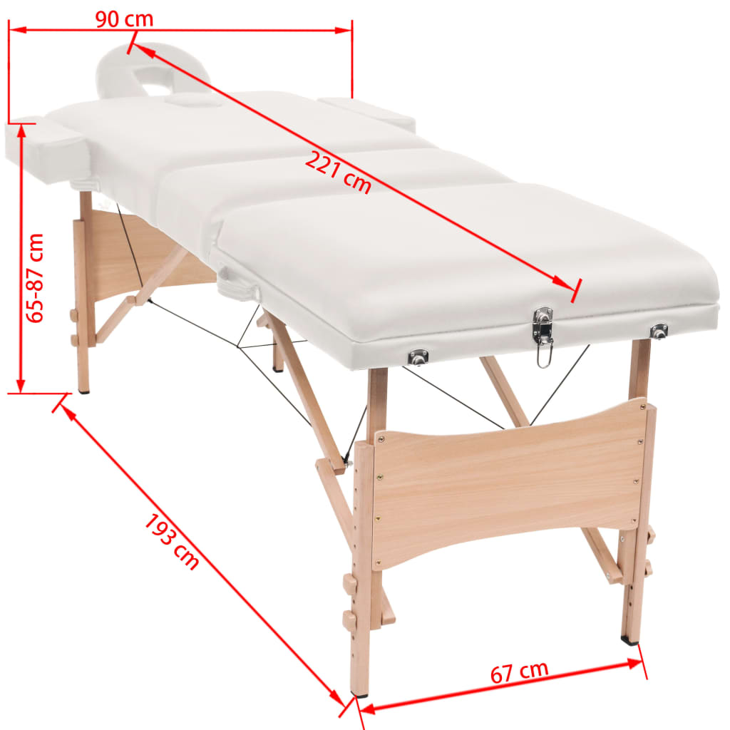 vidaXL sammenfoldeligt massagebord 3 zoner 10 cm tyk hynde hvid