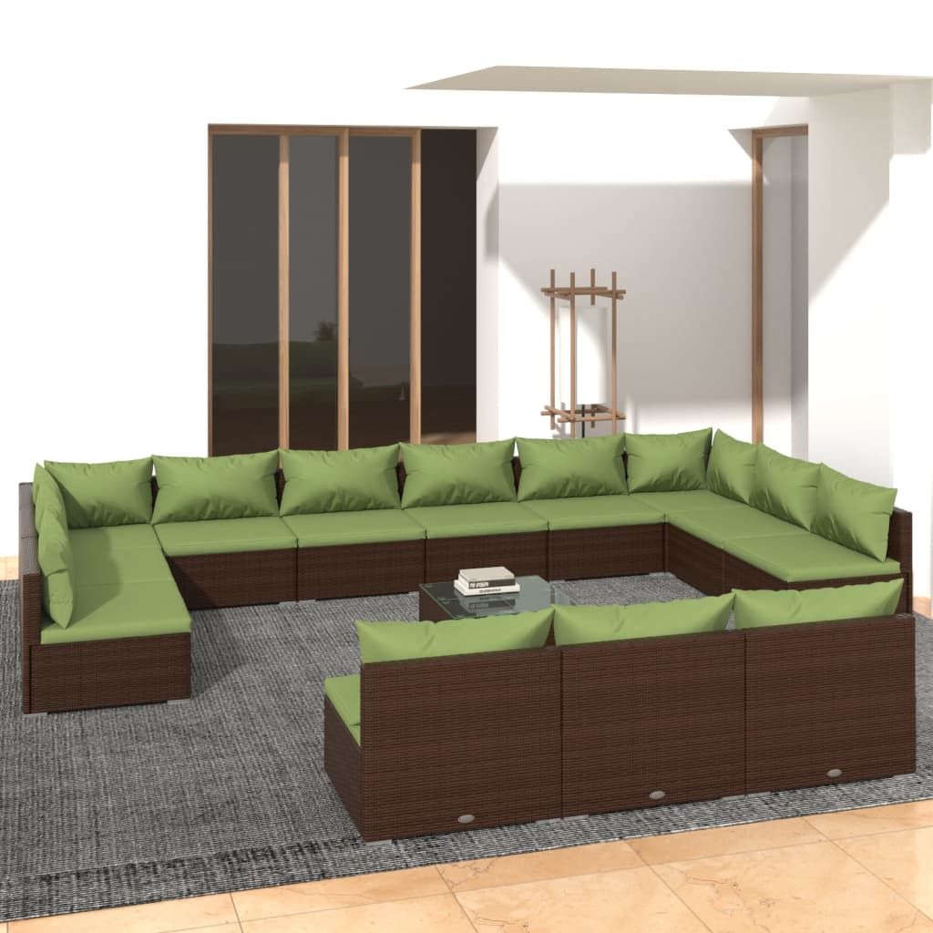 vidaXL loungesæt til haven 14 dele med hynder polyrattan brun
