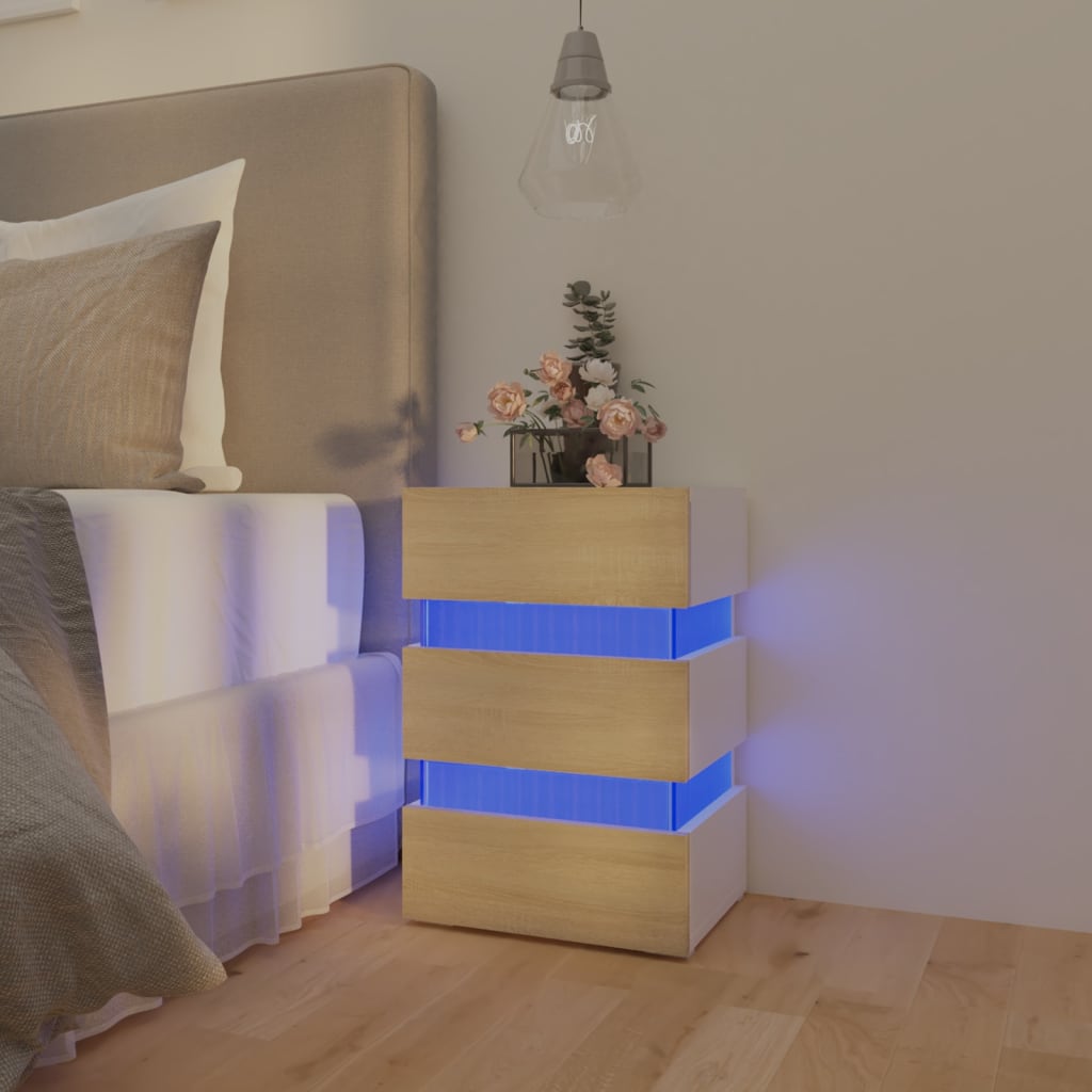 vidaXL sengebord med LED 45x35x67 cm konstrueret træ hvid og sonoma-eg