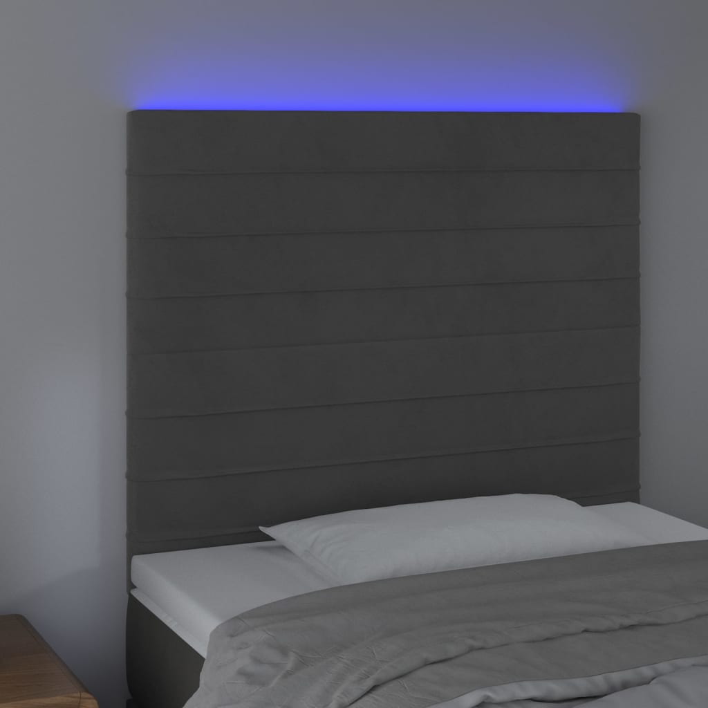 vidaXL sengegavl med LED-lys 90x5x118/128 cm fløjl mørkegrå