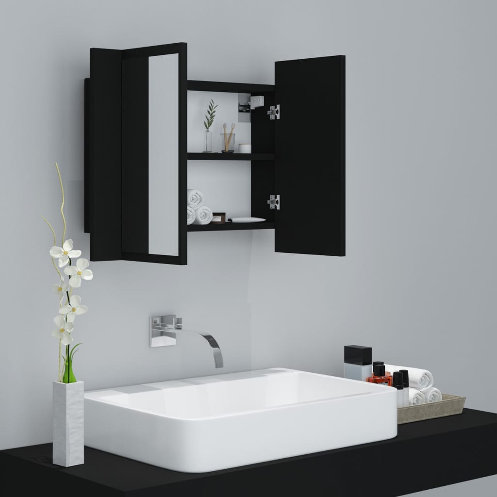 vidaXL badeværelsesskab m. spejl og LED-lys 60x12x45 cm akryl sort