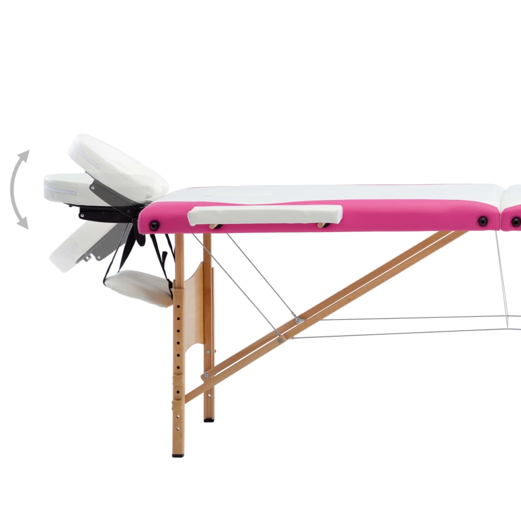 vidaXL sammenfoldeligt massagebord med træstel 3 zoner hvid og lyserød